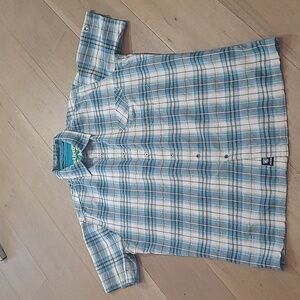 Kuhl Shirt Men's sz L Blue Plaid Stallion Seersucker Short Sleeve Button Up